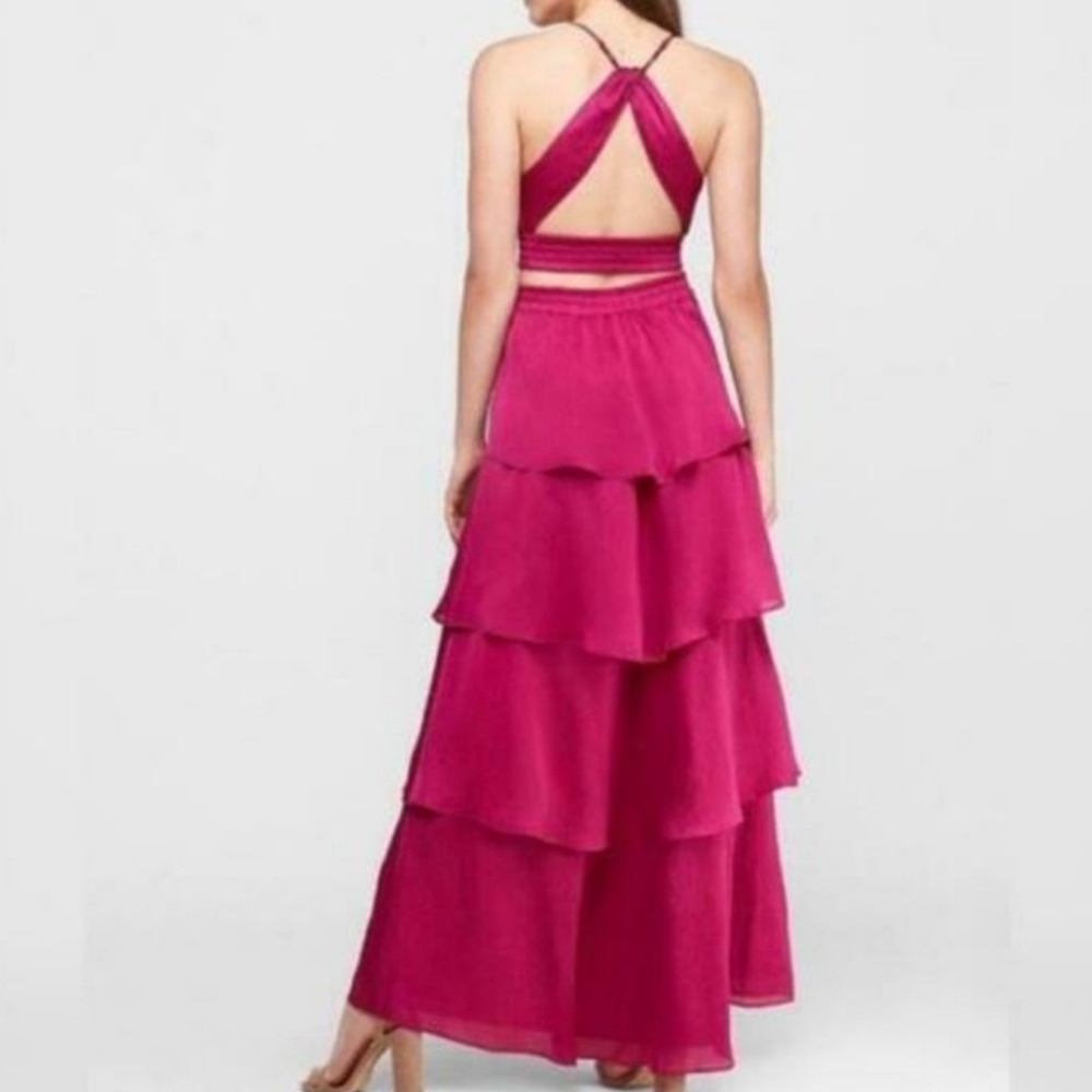 Express Pink Tiered A-Line Satin Maxi Dress Size Small